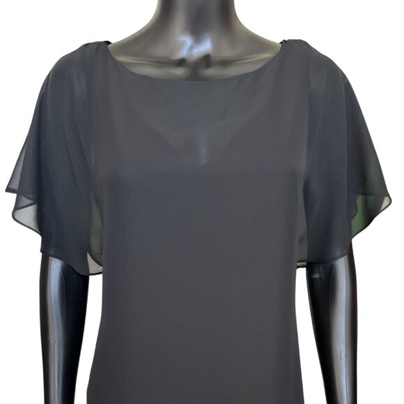 Adrianna Papell Chiffon Overlay Dress Flutter Sleeves Black Midi SZ 12-14 Approx - Picture 3 of 12